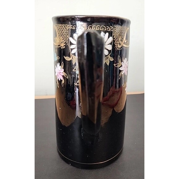 Vintage Chatsworth England Medium Pitcher, Black w Raised Flowers/Gold Design - Picture 6 of 8